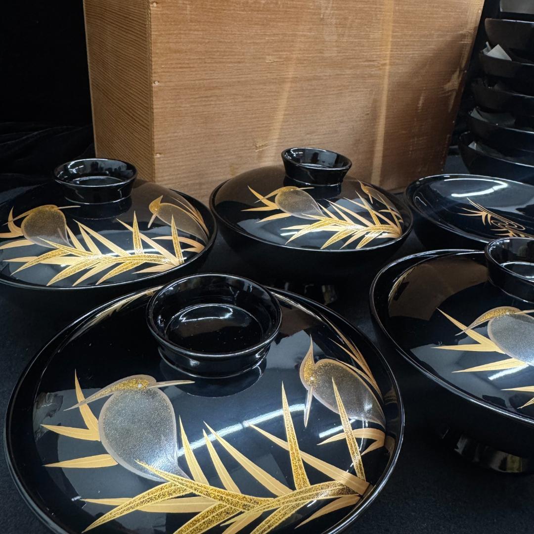 希有　輪島塗　木製漆器 鷺蒔絵 吸物椀 十客14.5cmお正月