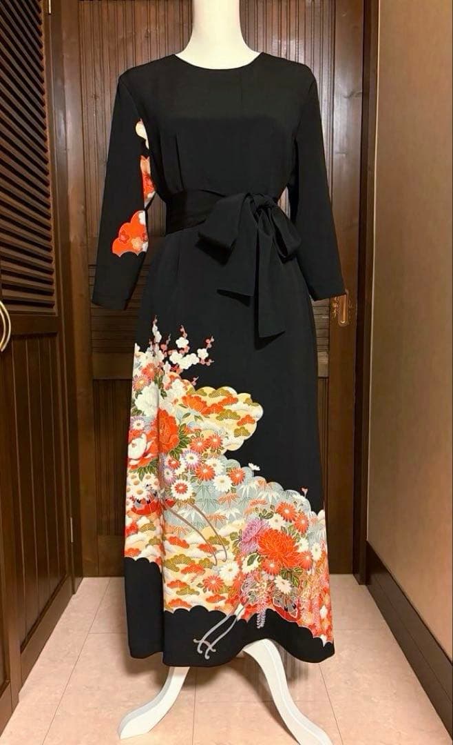 着物リメイク　黒留袖　ロングワンピース　花車