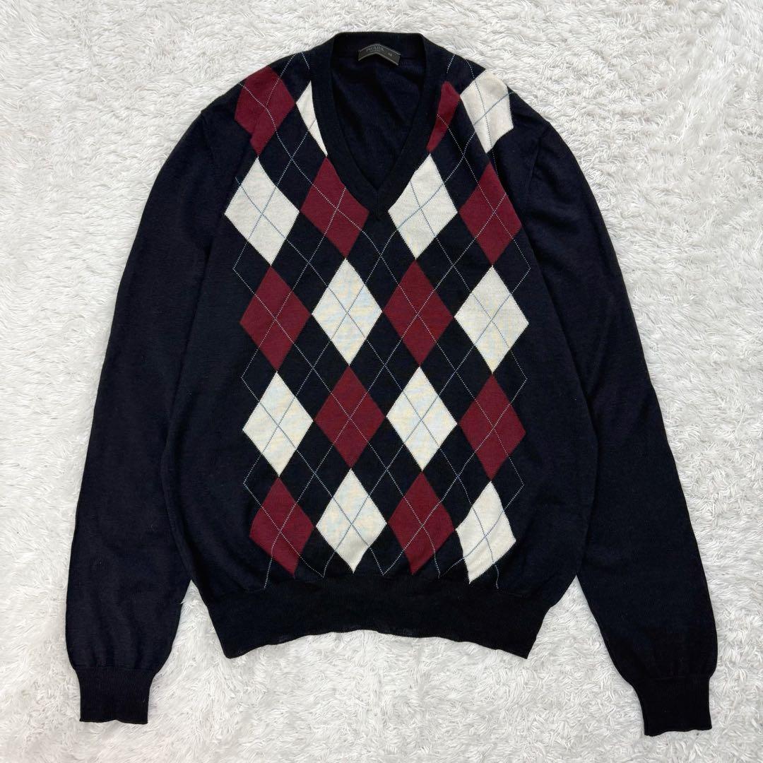 394【美品・48サイズ】プラダ☆アーガイル柄Vネックニット セーター 市川隼基