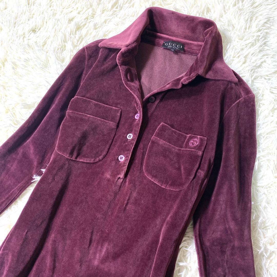 希少 GUCCI グッチ ロゴ刺繍 ロング ワンピース ベロア ベルベット