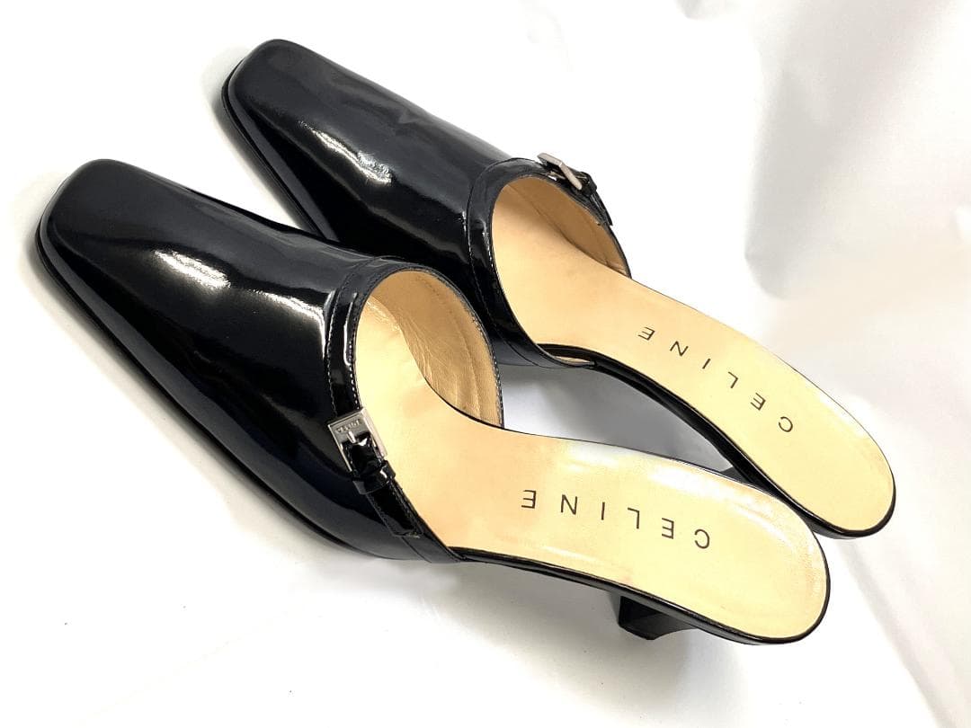 【美品】CELINE ブラック エナメル スクエアトゥ ミュール サンダル
