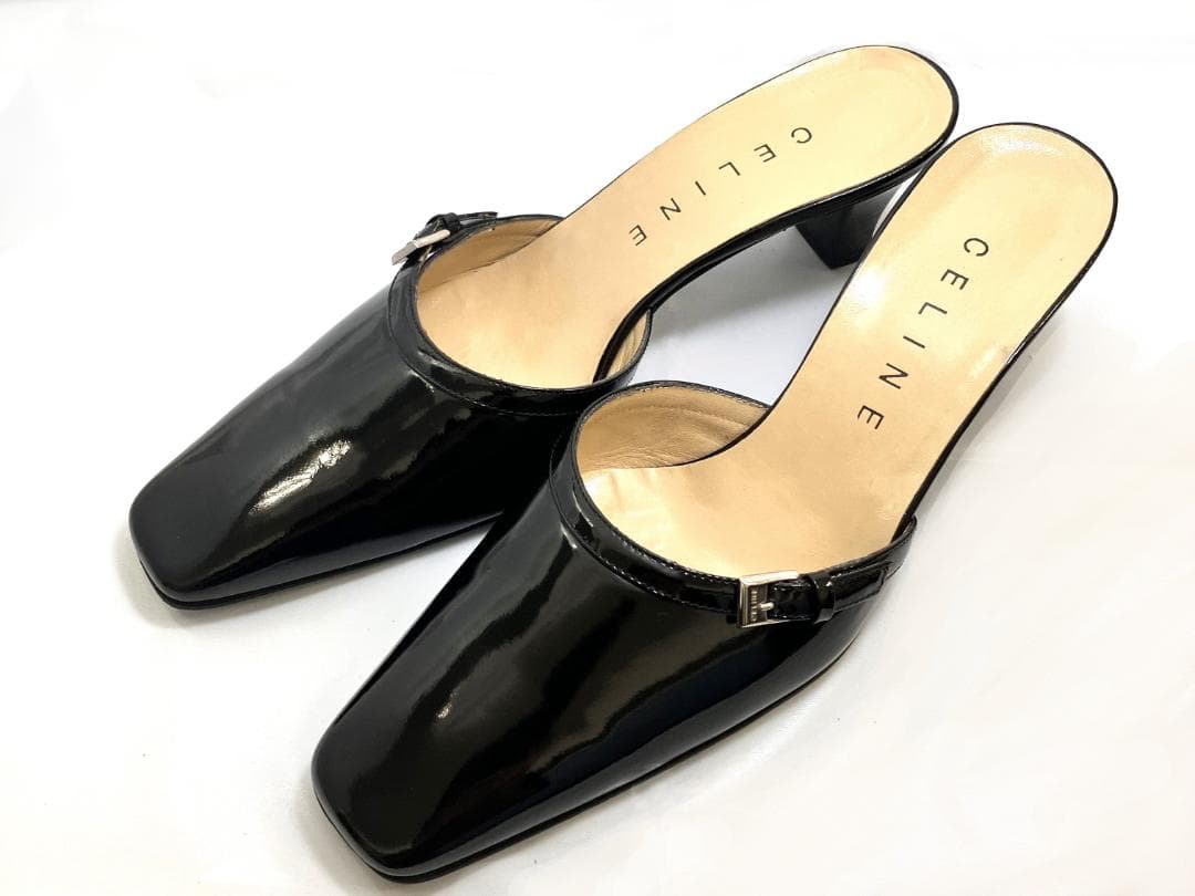 【美品】CELINE ブラック エナメル スクエアトゥ ミュール サンダル