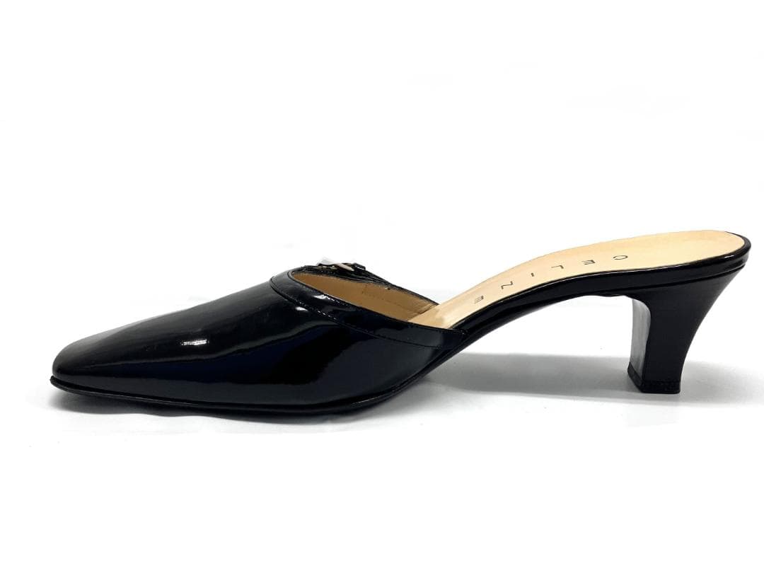 【美品】CELINE ブラック エナメル スクエアトゥ ミュール サンダル