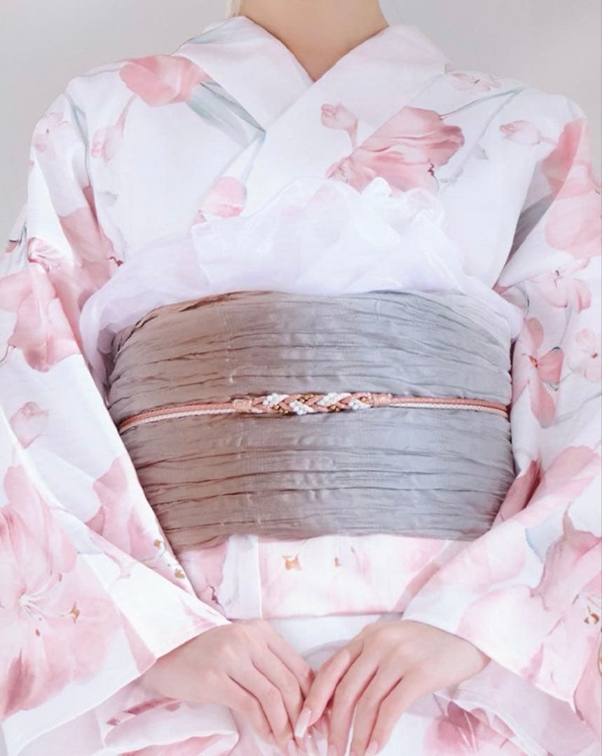 Sugar ニュアンスピンク水彩朝顔浴衣、着付け、レースセット、パール飾り紐