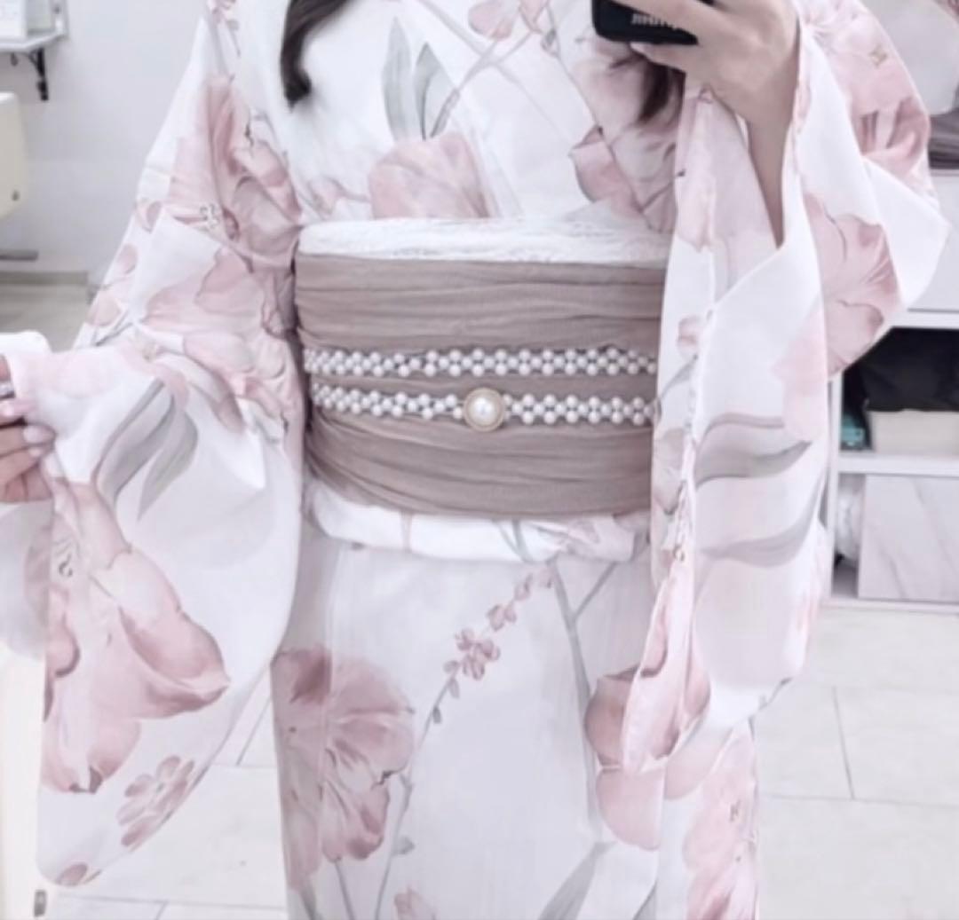 Sugar ニュアンスピンク水彩朝顔浴衣、着付け、レースセット、パール飾り紐