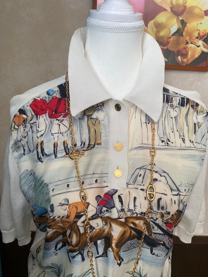 美品 エルメスHERMÈS シャンティイ CHANTILLY競馬場 シルクシャツ