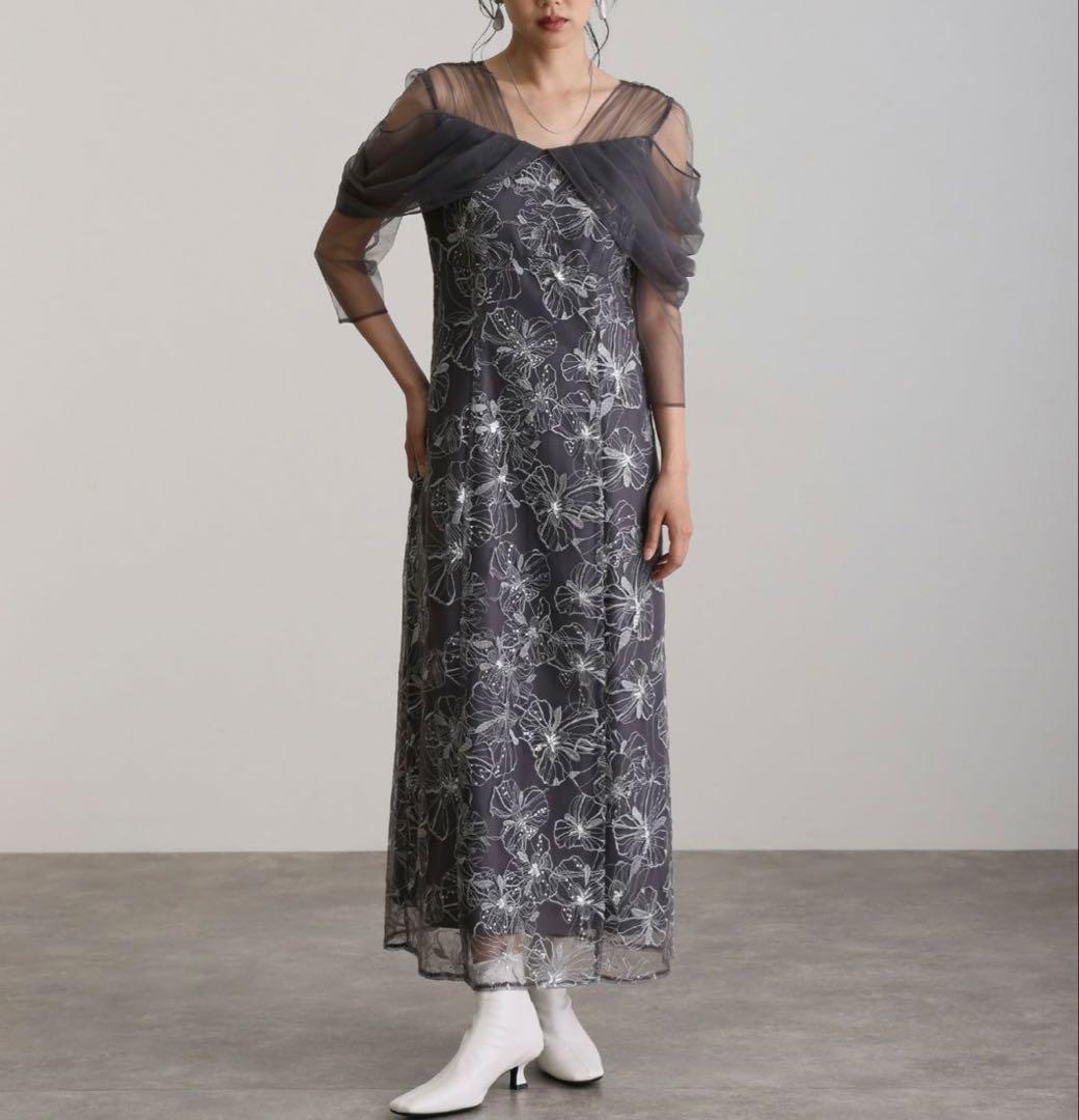 オフショルダースパンコール刺繍レースドレス