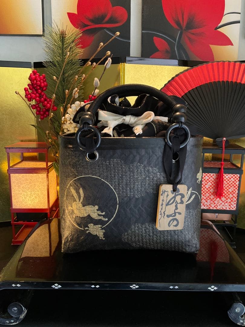 一閑張り　一閑張りバッグ　古文書　和紙　兎　月兎　大正　和本　歌集　着物