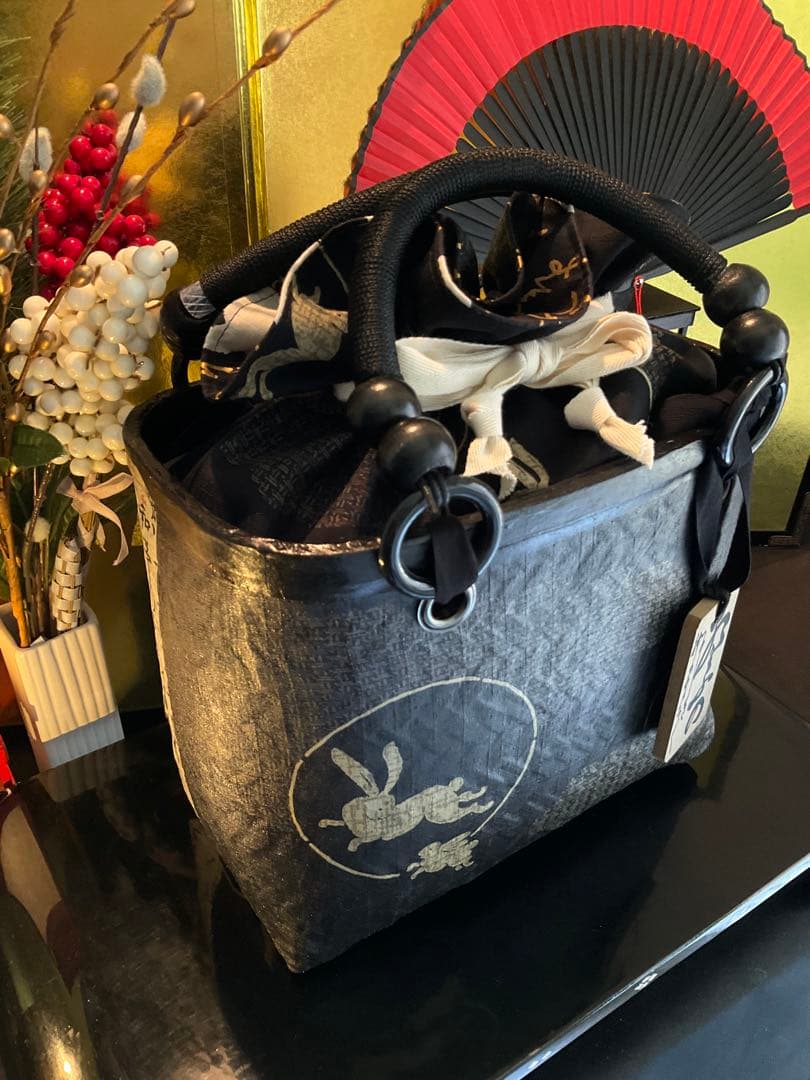 一閑張り　一閑張りバッグ　古文書　和紙　兎　月兎　大正　和本　歌集　着物