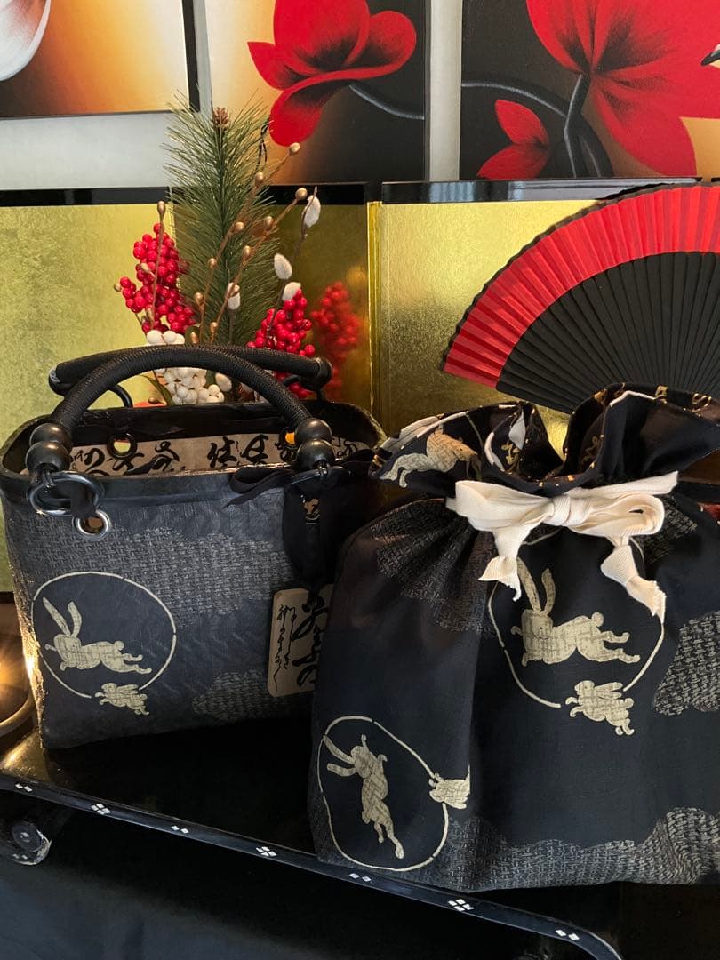 一閑張り　一閑張りバッグ　古文書　和紙　兎　月兎　大正　和本　歌集　着物