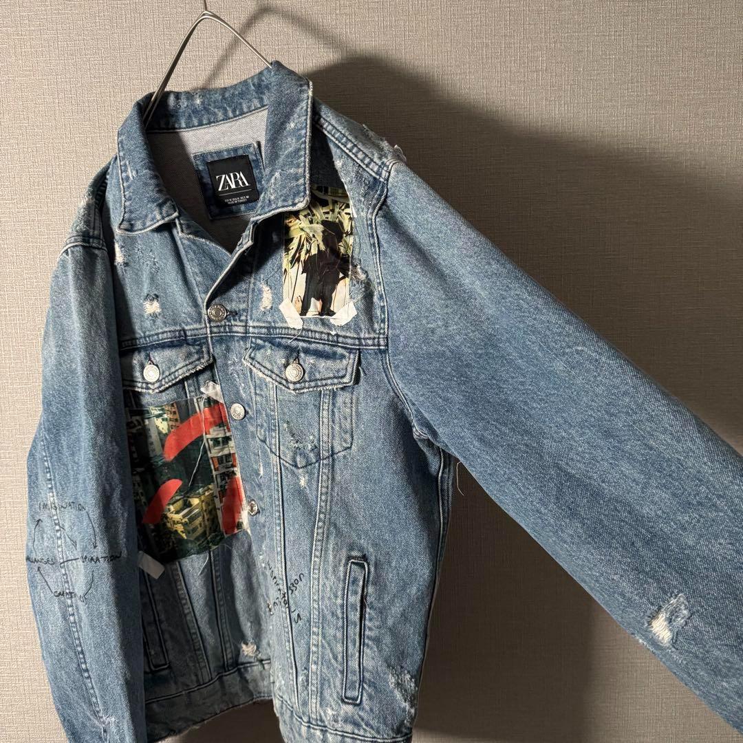 超個性的★ZARA ザラ デニムジャケット アートデザイン ダメージ加工 M 青