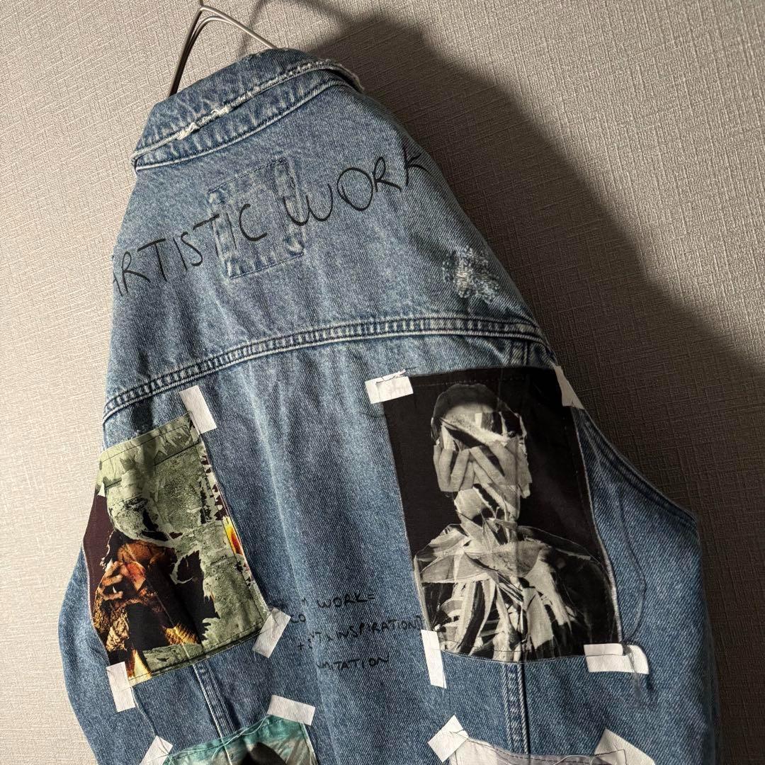 超個性的★ZARA ザラ デニムジャケット アートデザイン ダメージ加工 M 青