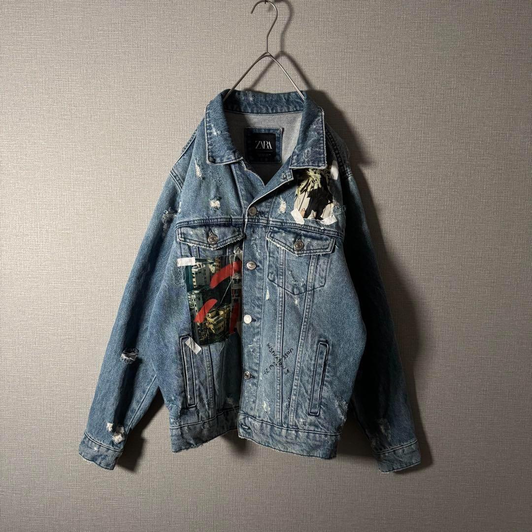 超個性的★ZARA ザラ デニムジャケット アートデザイン ダメージ加工 M 青