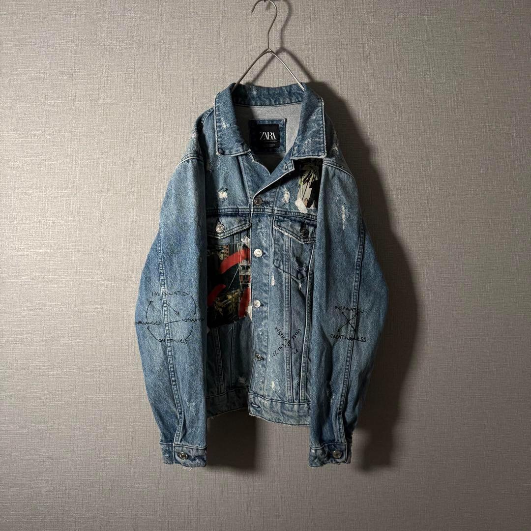 超個性的★ZARA ザラ デニムジャケット アートデザイン ダメージ加工 M 青