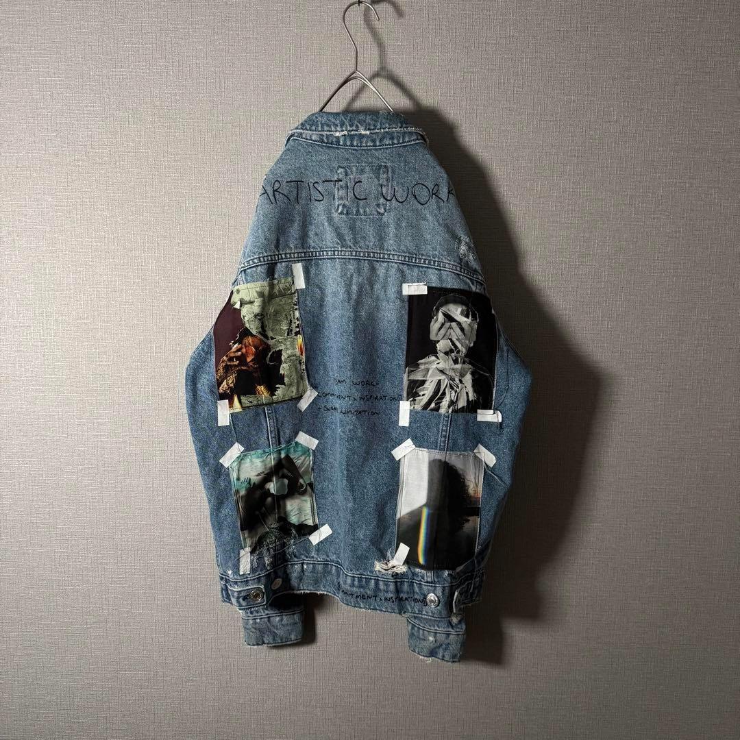 超個性的★ZARA ザラ デニムジャケット アートデザイン ダメージ加工 M 青