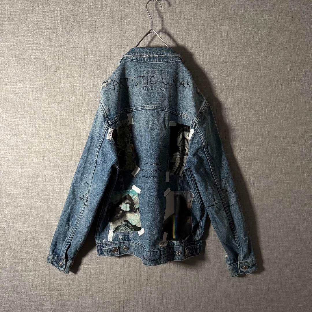 超個性的★ZARA ザラ デニムジャケット アートデザイン ダメージ加工 M 青