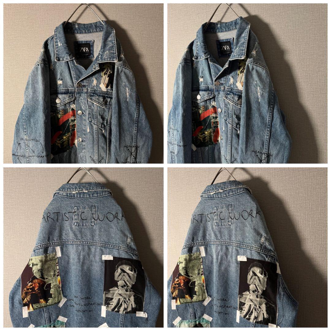 超個性的★ZARA ザラ デニムジャケット アートデザイン ダメージ加工 M 青