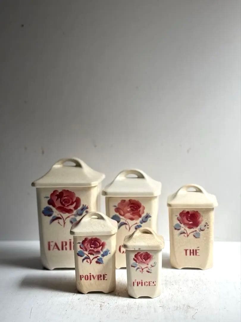 493 フランスアンティーク Badonviller 薔薇柄キャニスターセット