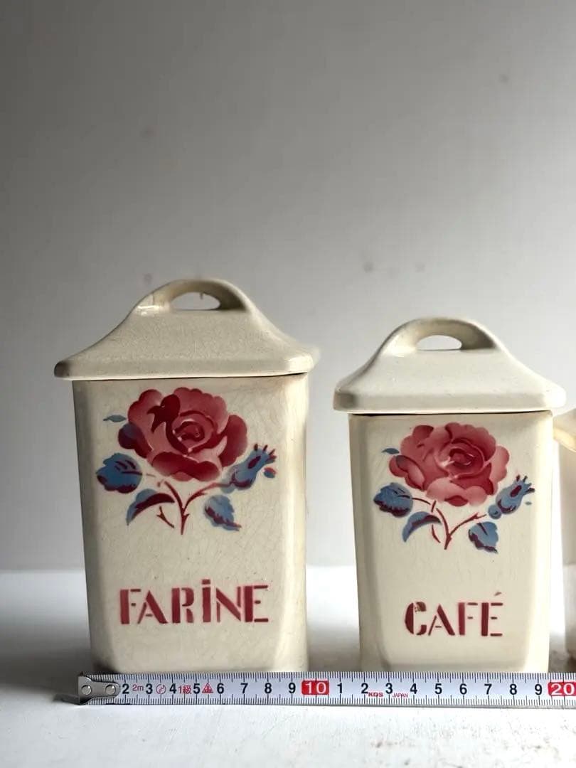 493 フランスアンティーク Badonviller 薔薇柄キャニスターセット