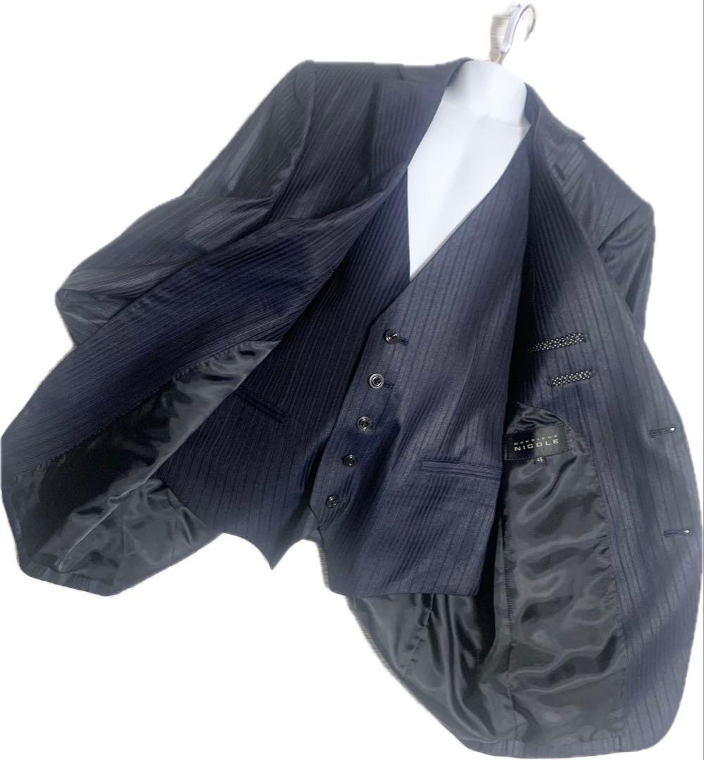 【美品】ムッシュニコル ダークストライプ スリーピース 光沢 ダークネイビー