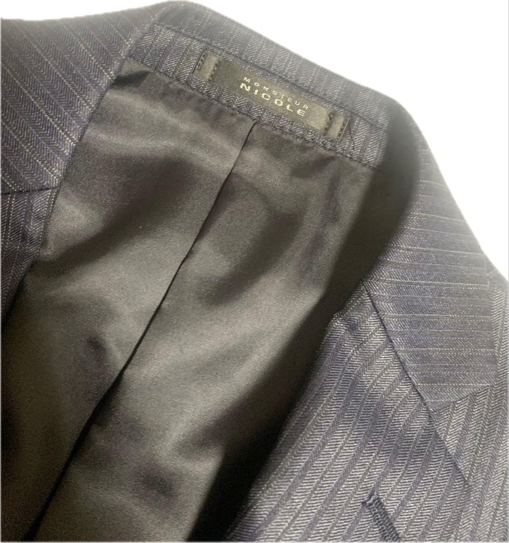 【美品】ムッシュニコル ダークストライプ スリーピース 光沢 ダークネイビー