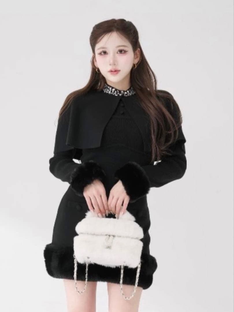 ダーリッチ ビジューケープニットミニワンピース Free