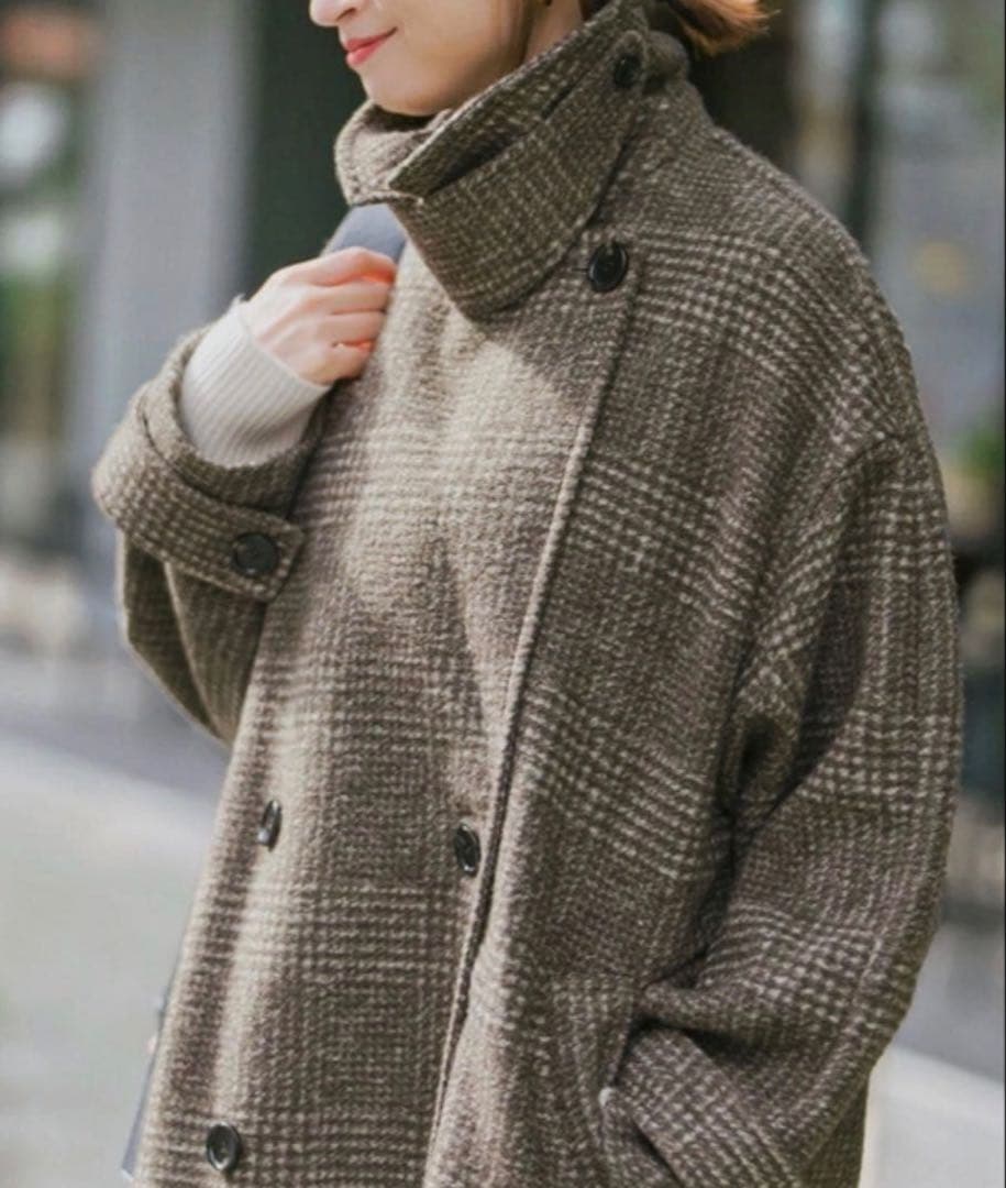 美品✨24AW spick&span Wスライバーチェックハーフコート　ブラウン