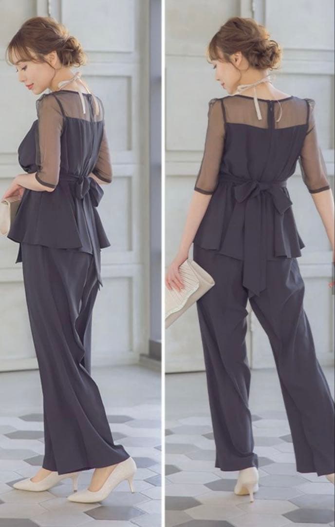 シースルー袖ビスチェ風デザインパンツセットアップパーティードレス Sサイズ