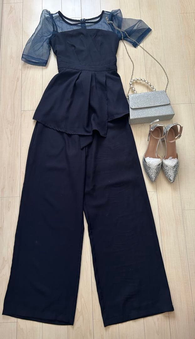 シースルー袖ビスチェ風デザインパンツセットアップパーティードレス Sサイズ