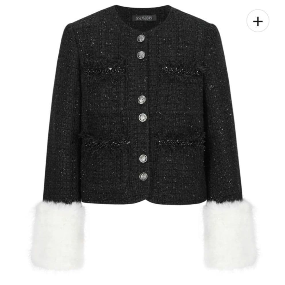 andwang Tweed arm fur jacket ツイードジャケット 黒