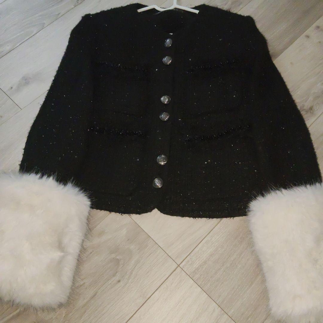 andwang Tweed arm fur jacket ツイードジャケット 黒