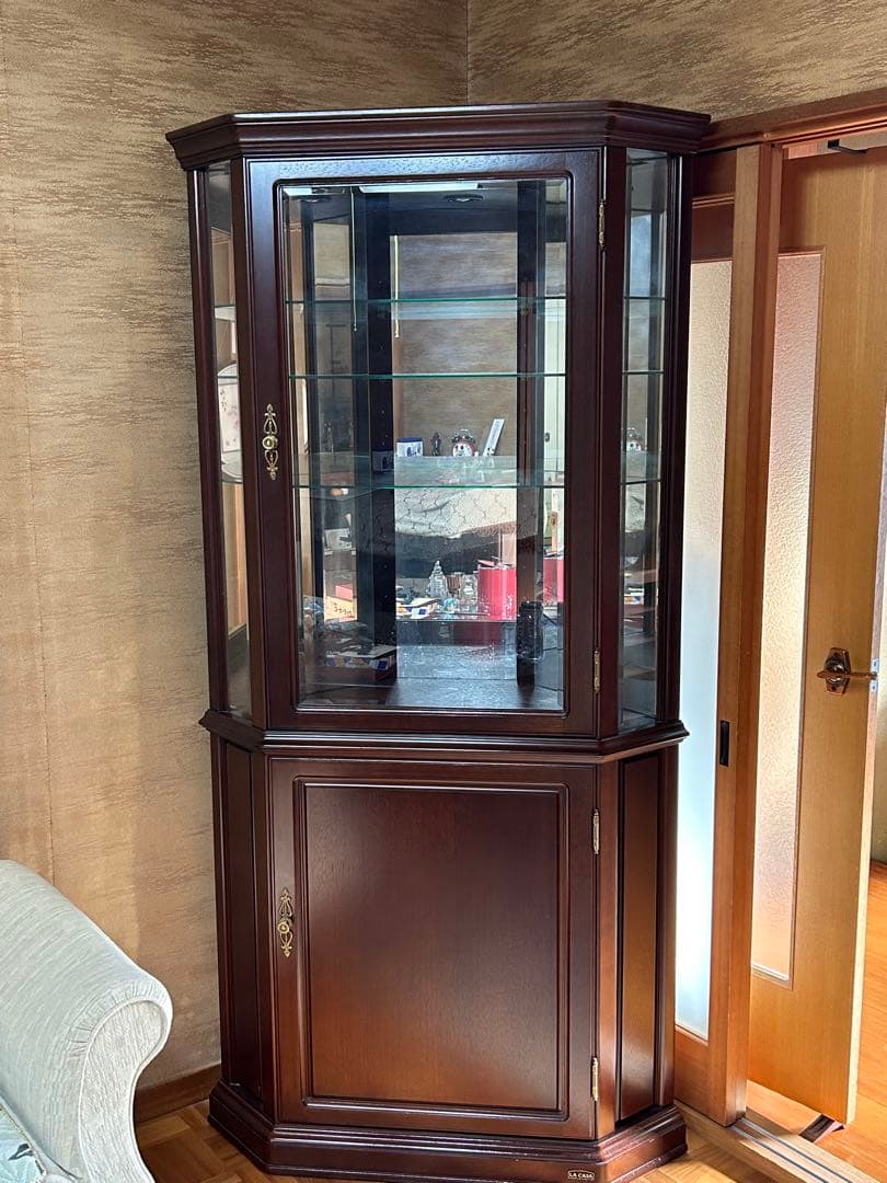 ダークブラウン コーナーガラスケース/カップボード/リビング収納