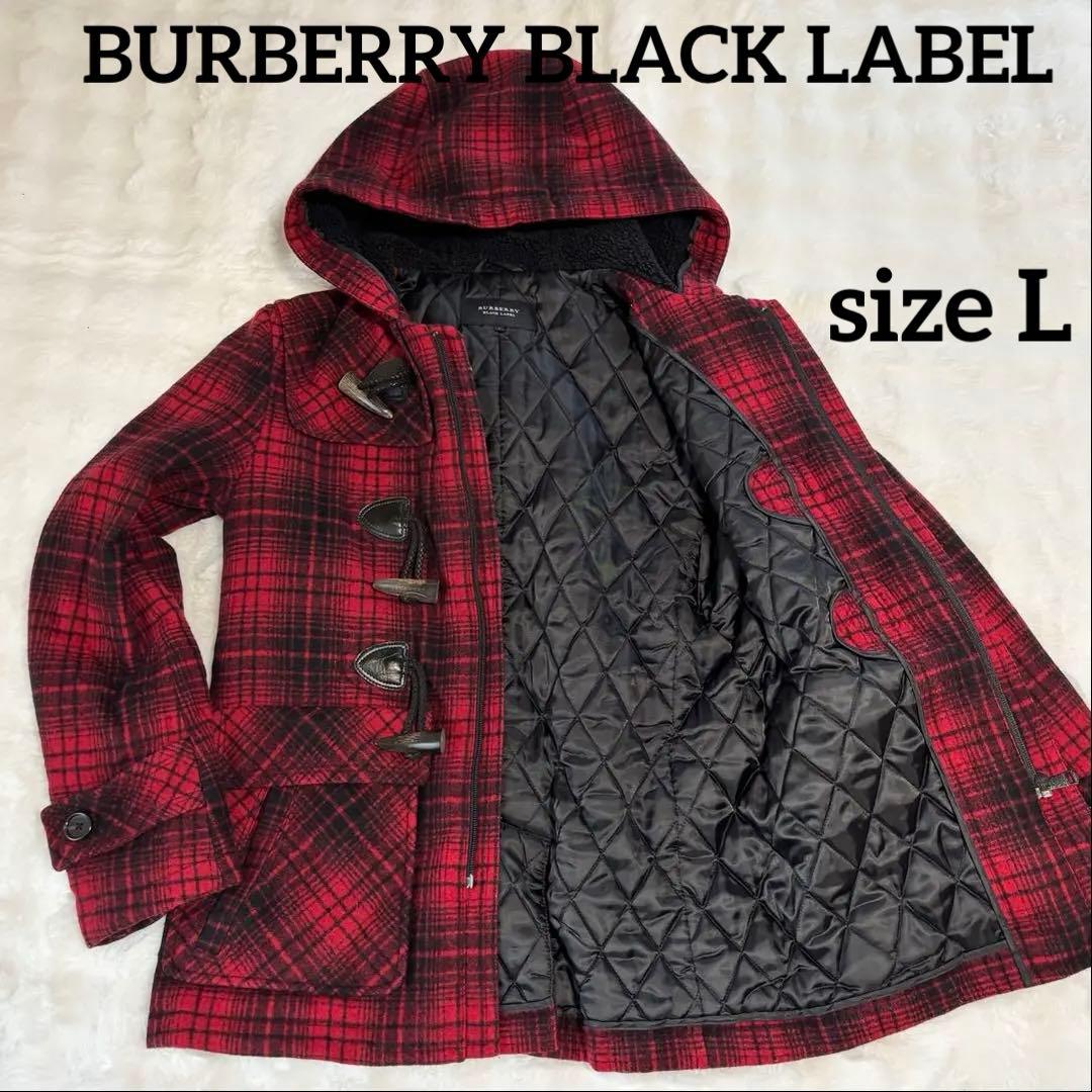 バーバリー ブラックレーベル ダッフルコート フード チェック柄 赤 Ｌサイズ
