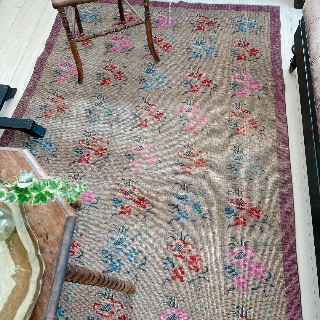 トルコヴィンテージラグ A73 大判 高級 レア グレージュ ピンク ブルー