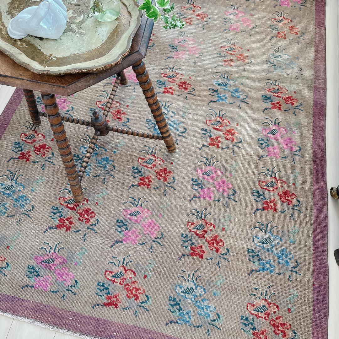 トルコヴィンテージラグ A73 大判 高級 レア グレージュ ピンク ブルー