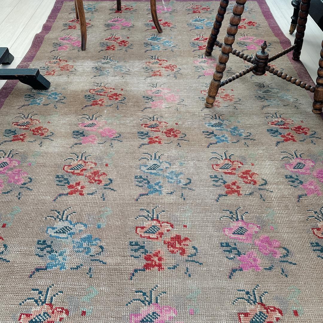 トルコヴィンテージラグ A73 大判 高級 レア グレージュ ピンク ブルー