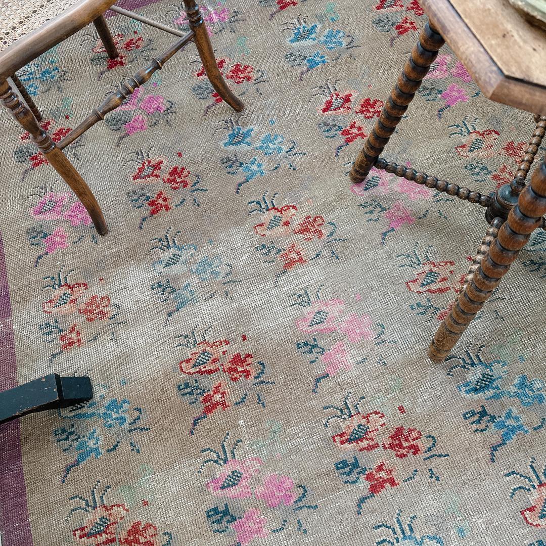 トルコヴィンテージラグ A73 大判 高級 レア グレージュ ピンク ブルー