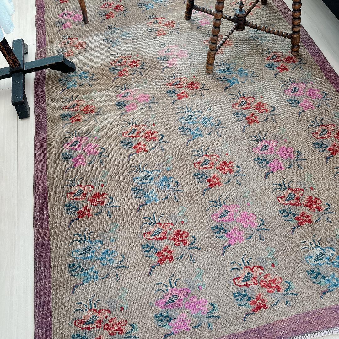 トルコヴィンテージラグ A73 大判 高級 レア グレージュ ピンク ブルー