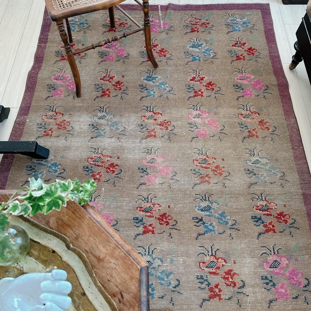 トルコヴィンテージラグ A73 大判 高級 レア グレージュ ピンク ブルー