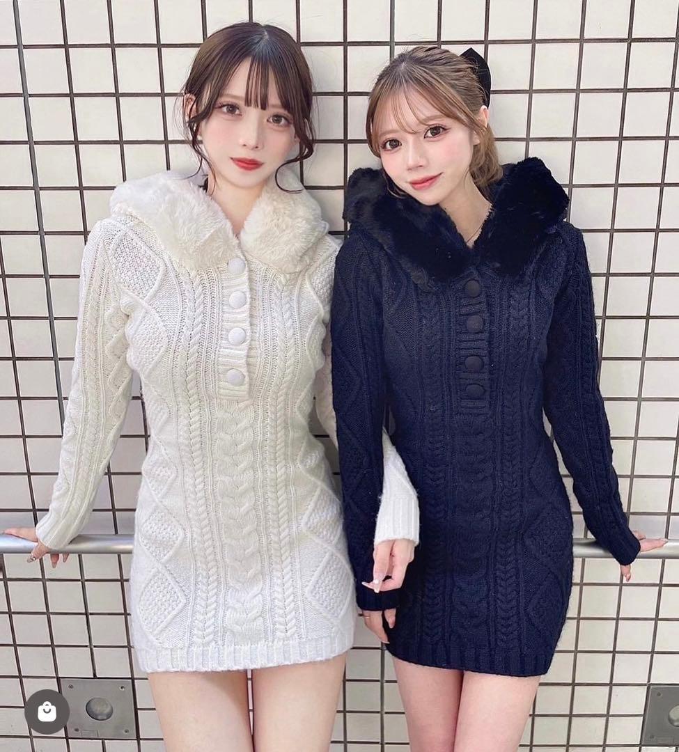 新品タグ付 ダーリッチ フードファーケーブルニットミニワンピース ブラック FL