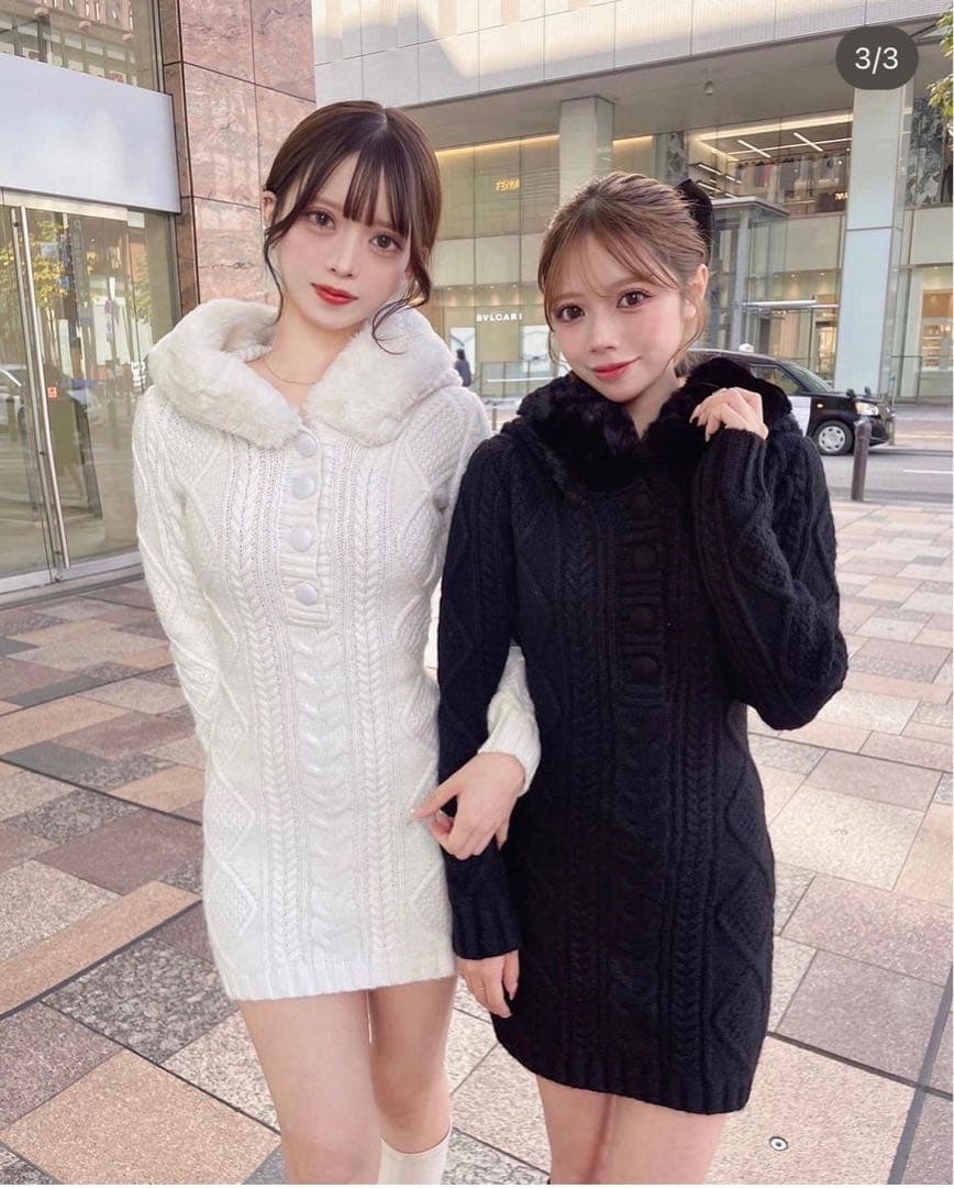 新品タグ付 ダーリッチ フードファーケーブルニットミニワンピース ブラック FL