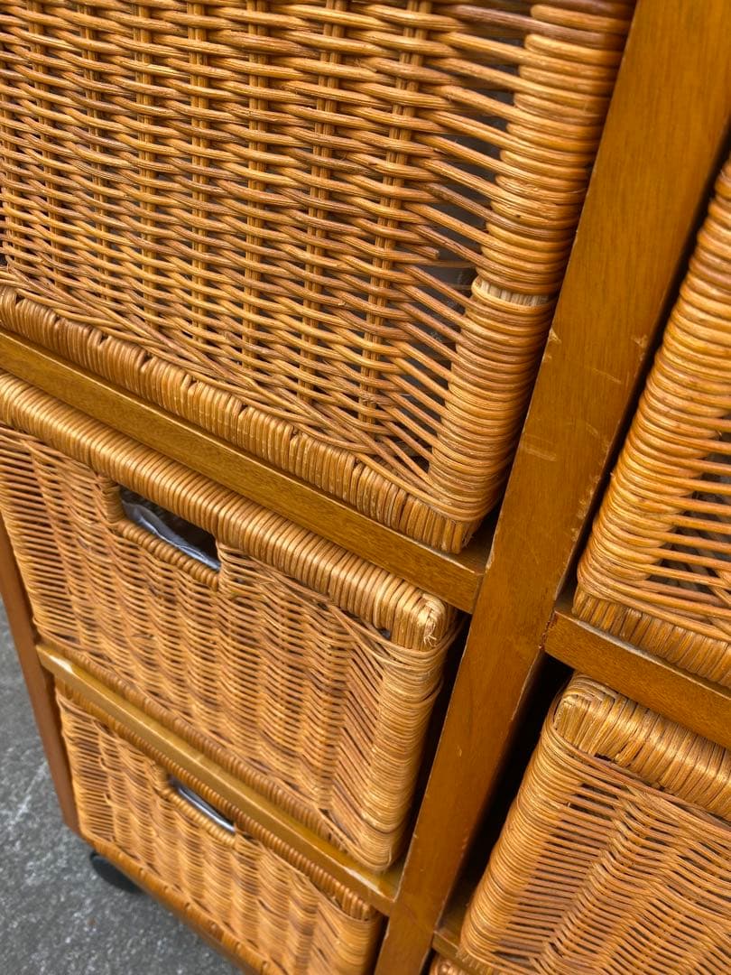 ラタン　引き出し付　ハンガーラック　棚　シェルフ　藤　黄色