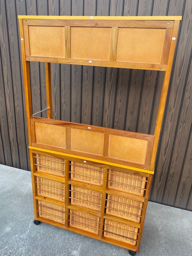 ラタン　引き出し付　ハンガーラック　棚　シェルフ　藤　黄色