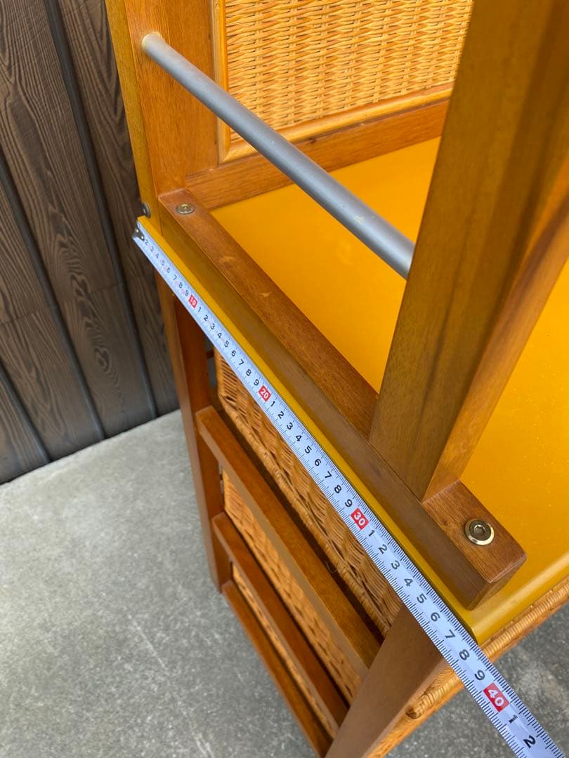 ラタン　引き出し付　ハンガーラック　棚　シェルフ　藤　黄色