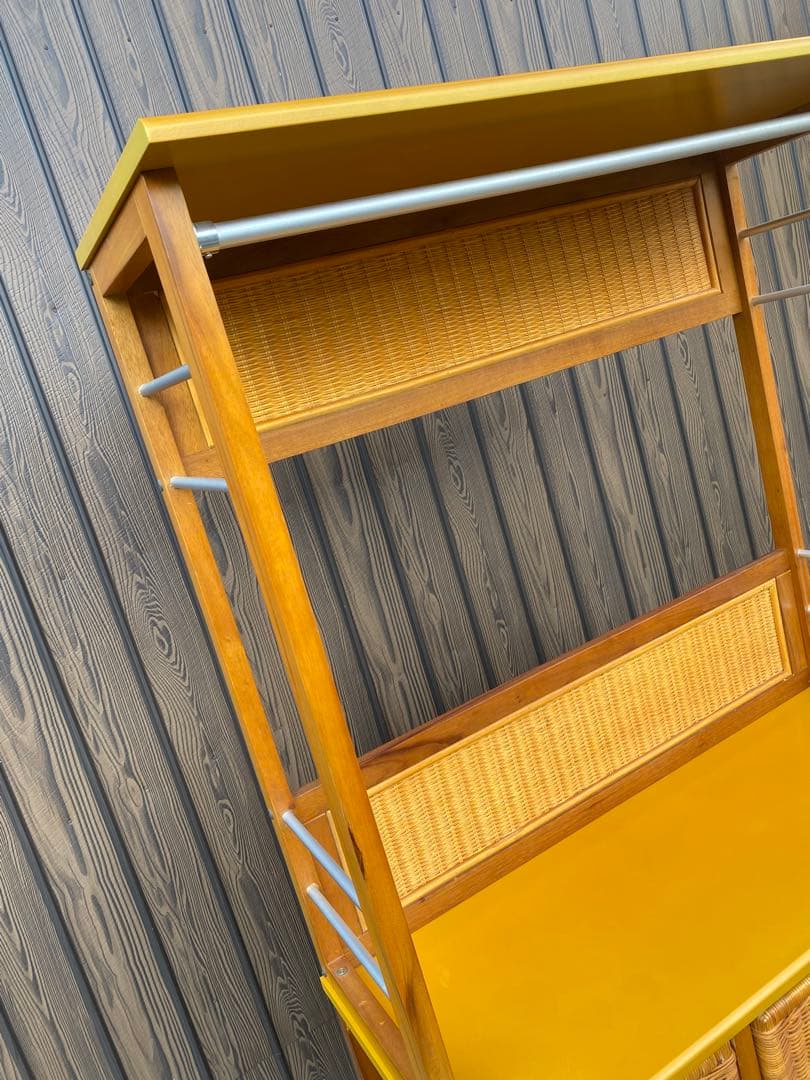 ラタン　引き出し付　ハンガーラック　棚　シェルフ　藤　黄色