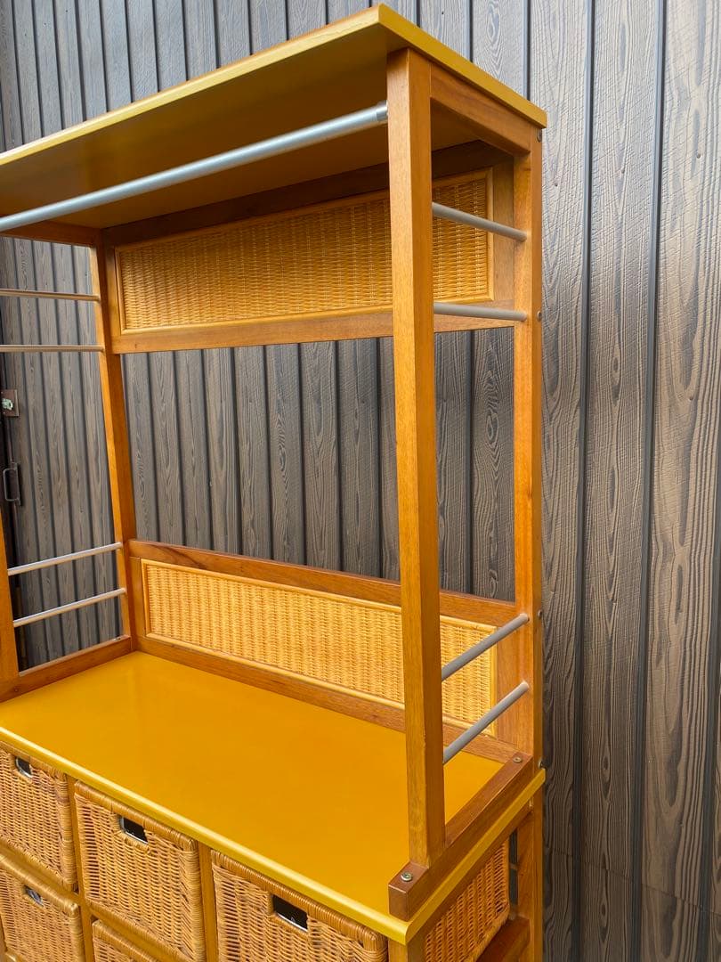 ラタン　引き出し付　ハンガーラック　棚　シェルフ　藤　黄色