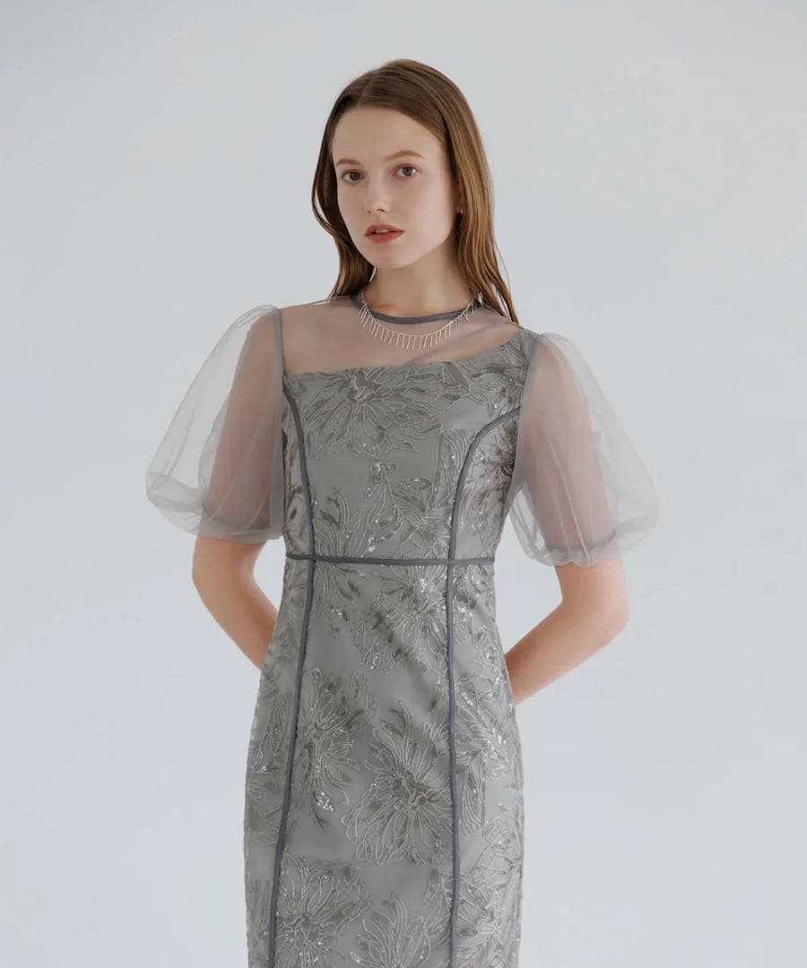 アシンメトリーシアーフラワーワンピースドレス