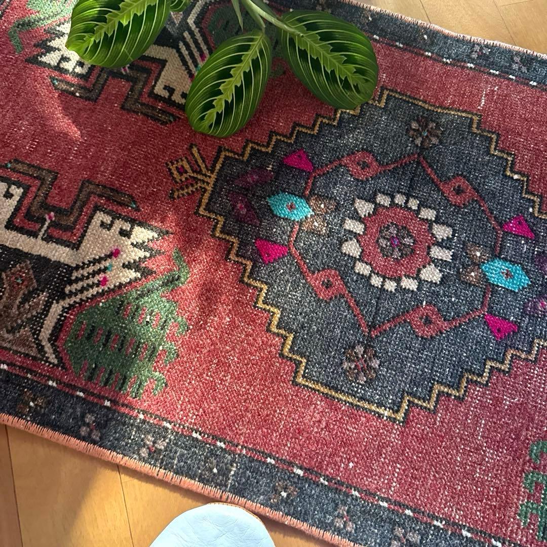 48×102 深みある赤茶色×グレイ　メダリオン　トルコヴィンテージラグ