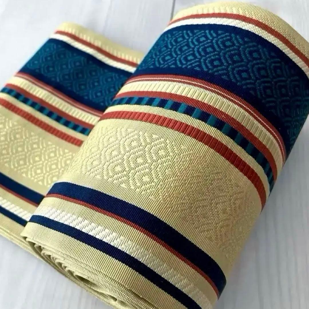 本場筑前博多織　半幅帯　縞模様　織り出し　正絹　タグ付　青海波　No.1-22