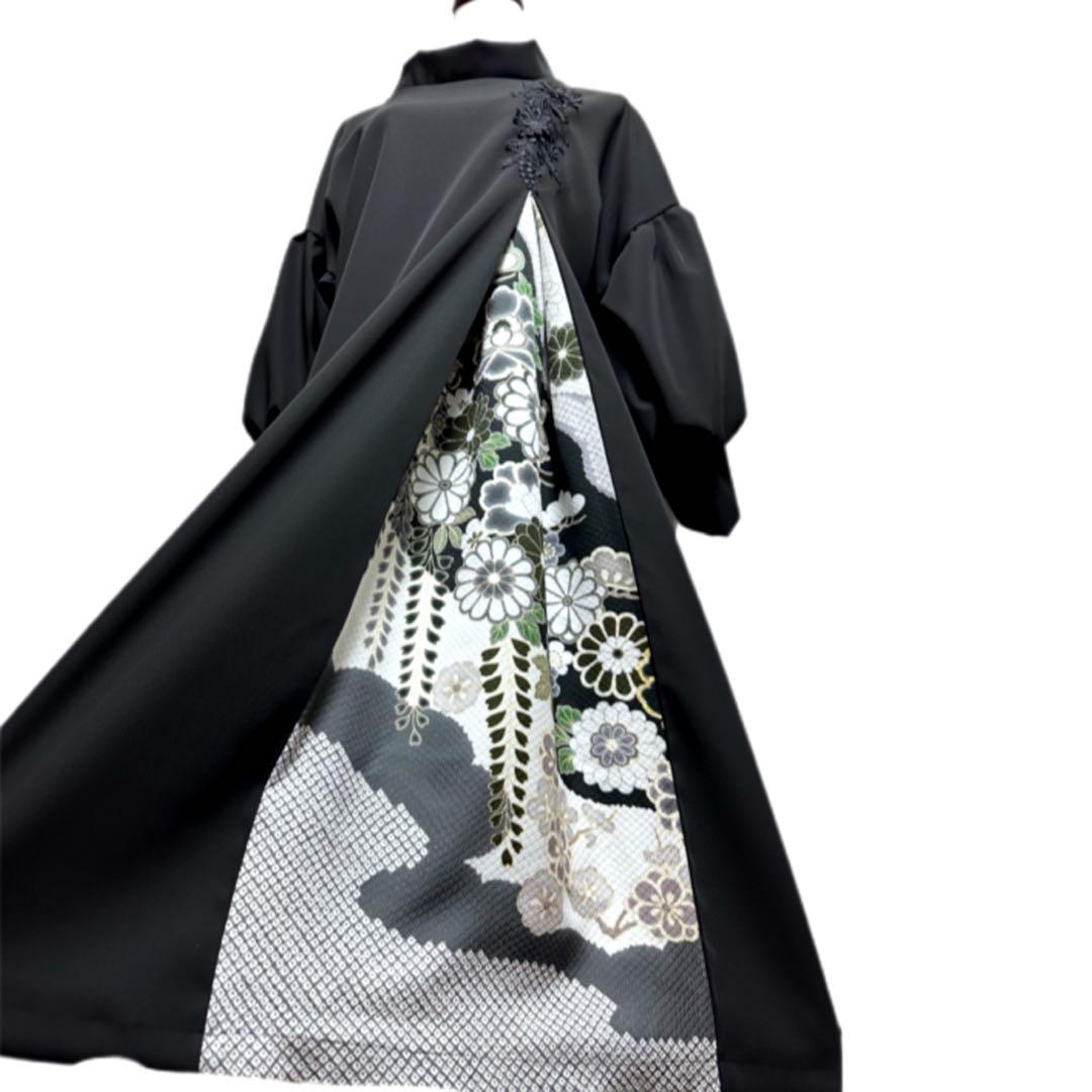 振袖　着物リメイク　ドレス　黒×菊や桜や藤の花　和柄　ワンピース　ハンドメイド